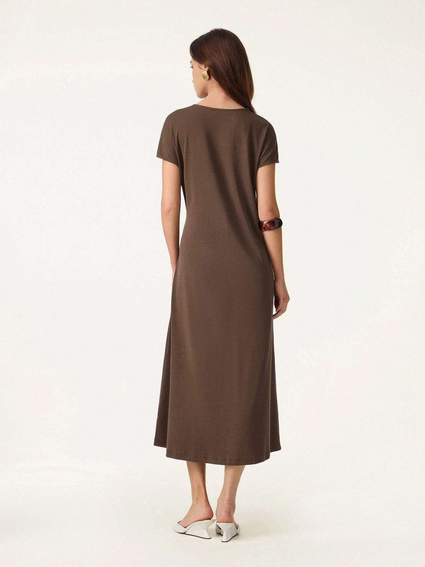 Cotton Lyocell Self Tie Midi Dress with Stretch Knit Fabric