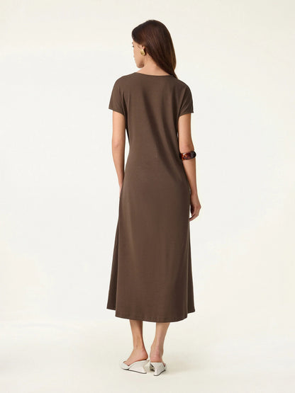 Cotton Lyocell Self Tie Midi Dress with Stretch Knit Fabric
