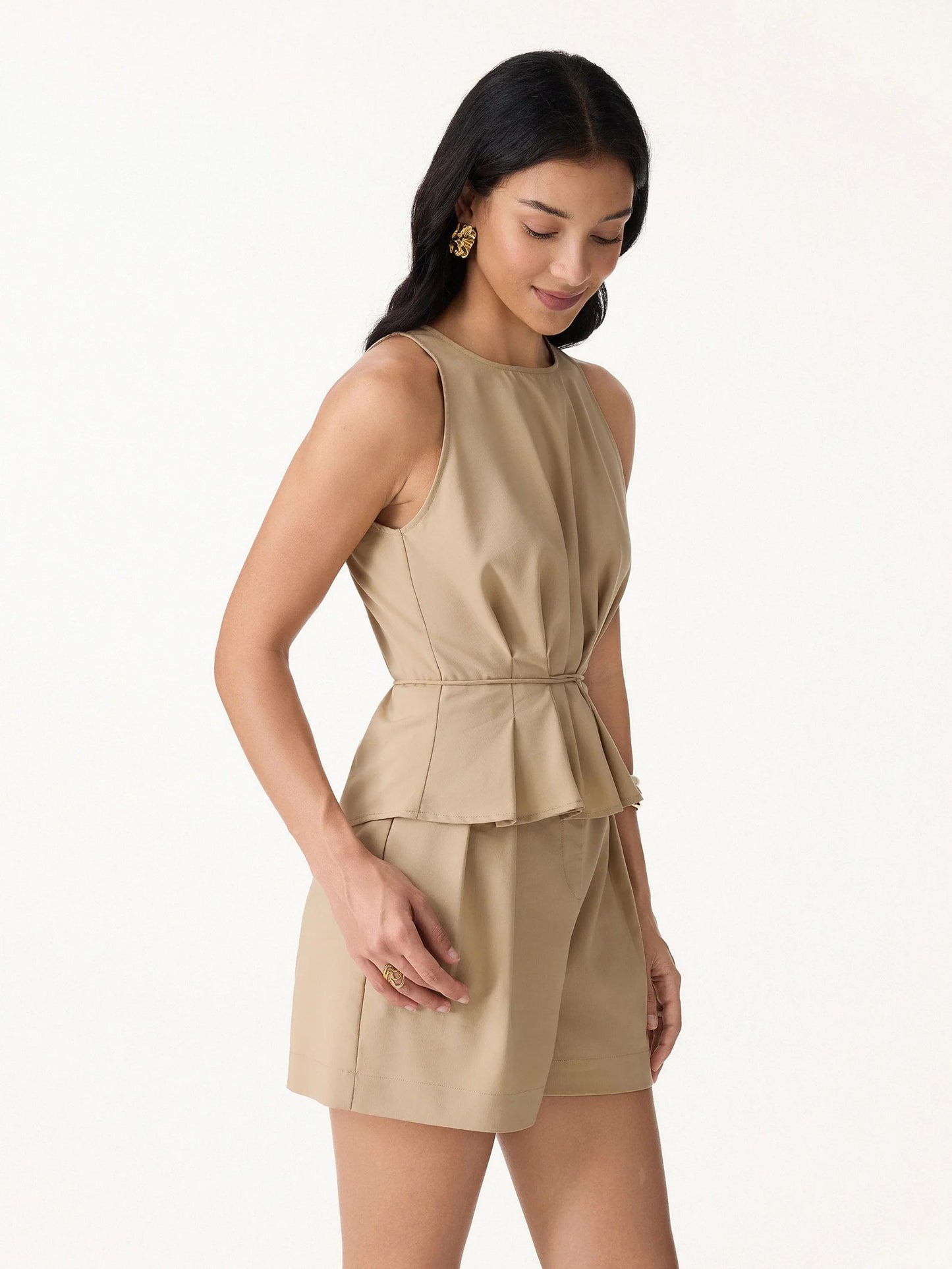 Pleated Self Tie Top with Lyocell Linen Blend Fabric