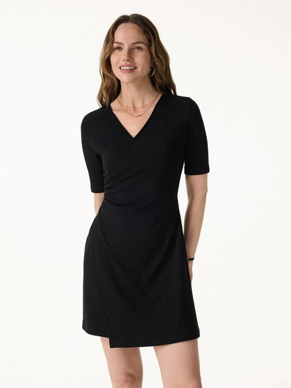 Surplice Ruched Fit and Flare Mini Dress in Cotton Lyocell Knit Fabric