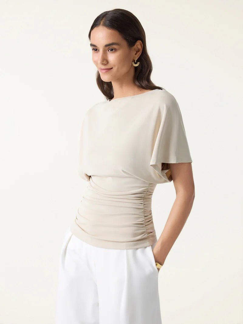 Boatneck Batwing Top and Wide Leg Pants Set in Sandwashed Modal Blend Fabric