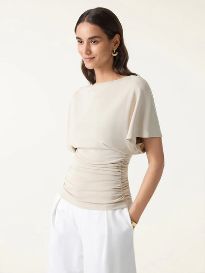 Boatneck Batwing Top and Wide Leg Pants Set in Sandwashed Modal Blend Fabric