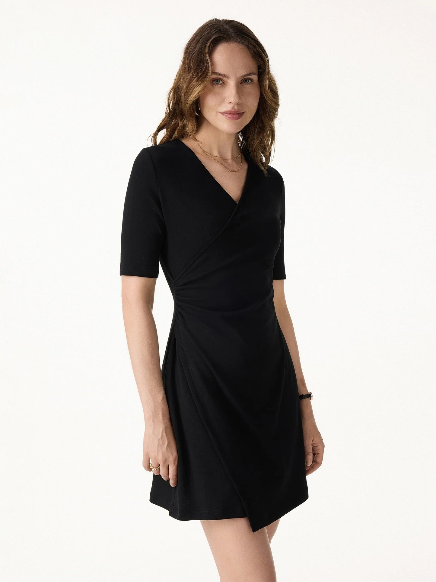 Surplice Ruched Fit and Flare Mini Dress in Cotton Lyocell Knit Fabric
