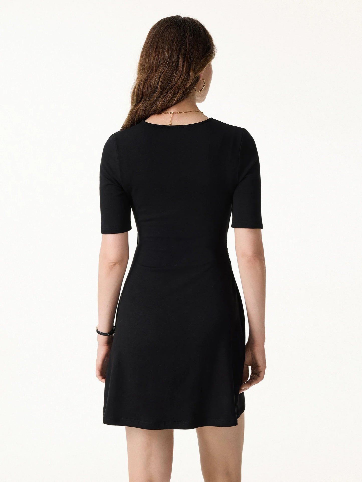 Surplice Ruched Fit and Flare Mini Dress in Cotton Lyocell Knit Fabric