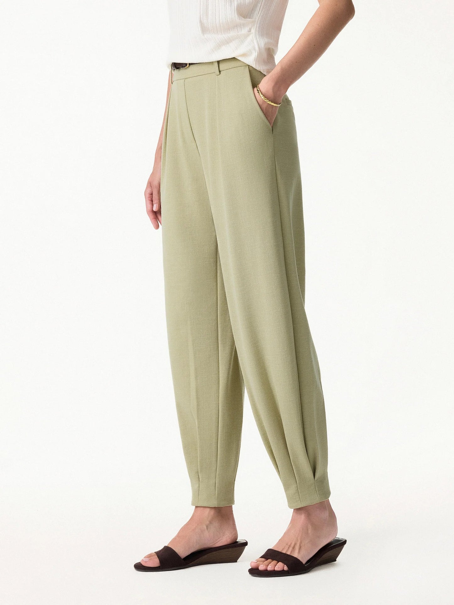 Tapered Pants in Stretch Linen Look Twill Fabric