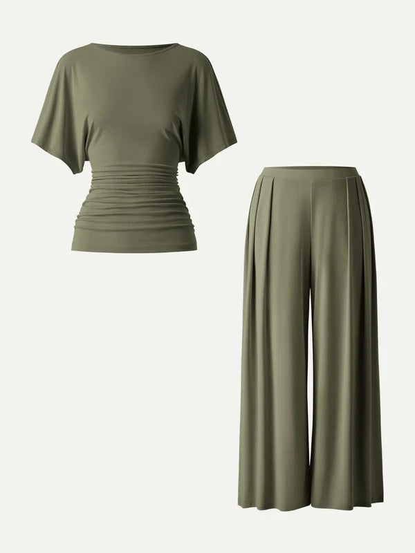 Boatneck Batwing Top and Wide Leg Pants Set in Sandwashed Modal Blend Fabric