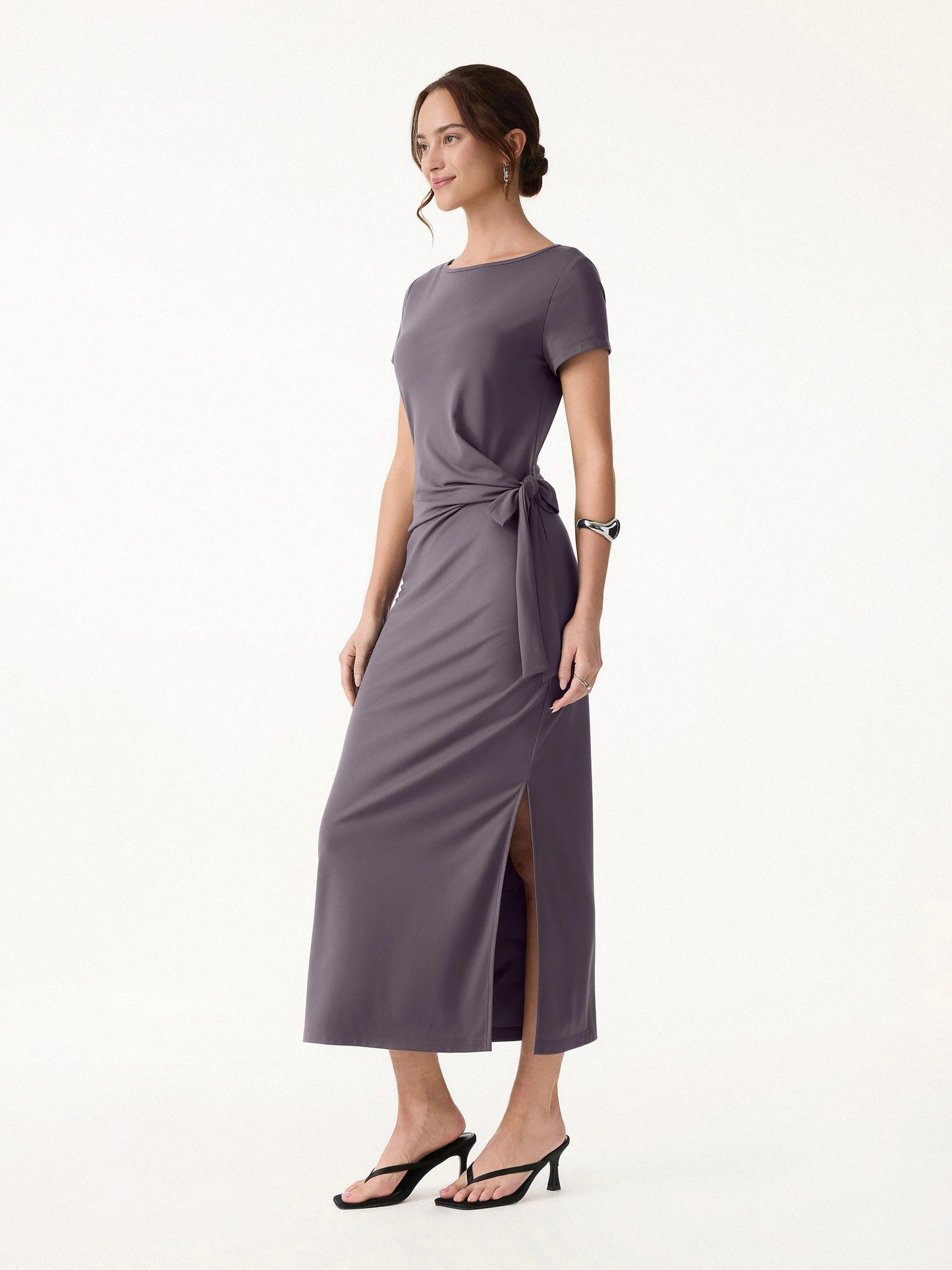 Side Waist Tie Midi Dress with Slit in Stretch Viscose Blend Fabric