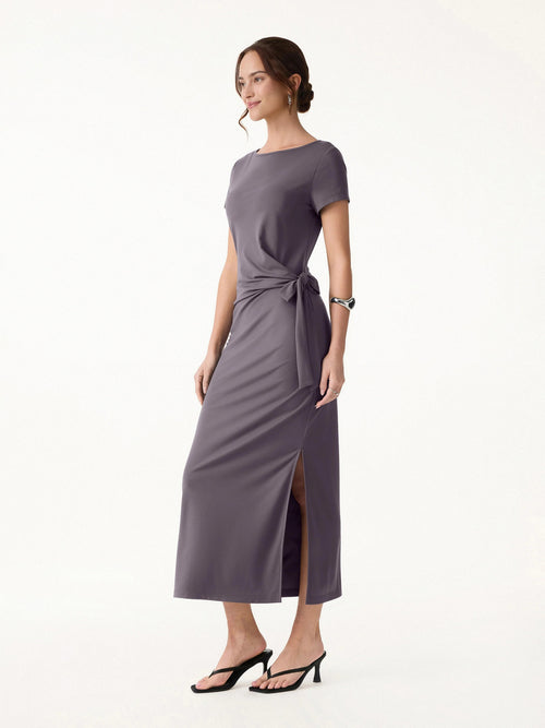 Side Waist Tie Midi Dress with Slit in Stretch Viscose Blend Fabric