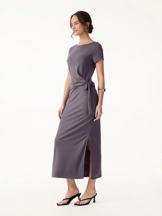 Side Waist Tie Midi Dress with Slit in Stretch Viscose Blend Fabric