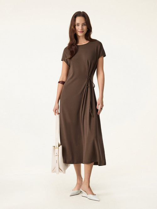 Cotton Lyocell Self Tie Midi Dress with Stretch Knit Fabric