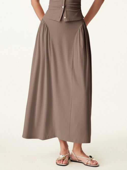 Flared Midi Skirt with Pockets in Stretch Rib Knit Fabric