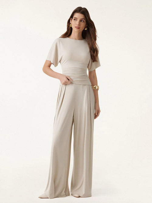 Boatneck Batwing Top and Wide Leg Pants Set in Sandwashed Modal Blend Fabric