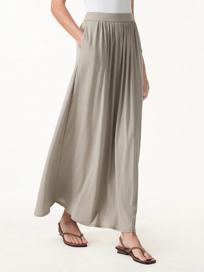 Gathered A Line Maxi Skirt with Pockets in Linen Tencel Knit Fabric