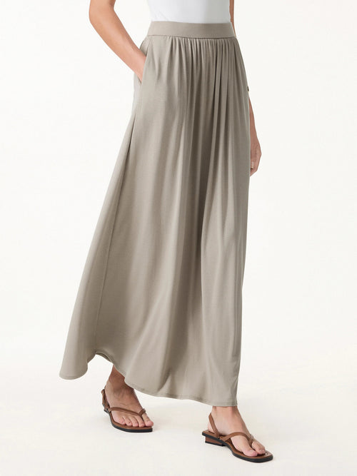 Gathered A Line Maxi Skirt with Pockets in Linen Tencel Knit Fabric