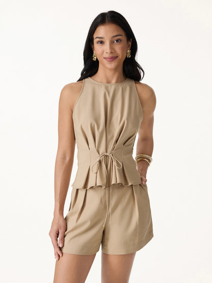 Pleated Self Tie Top with Lyocell Linen Blend Fabric