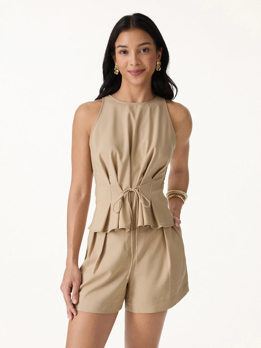 Pleated Self Tie Top with Lyocell Linen Blend Fabric