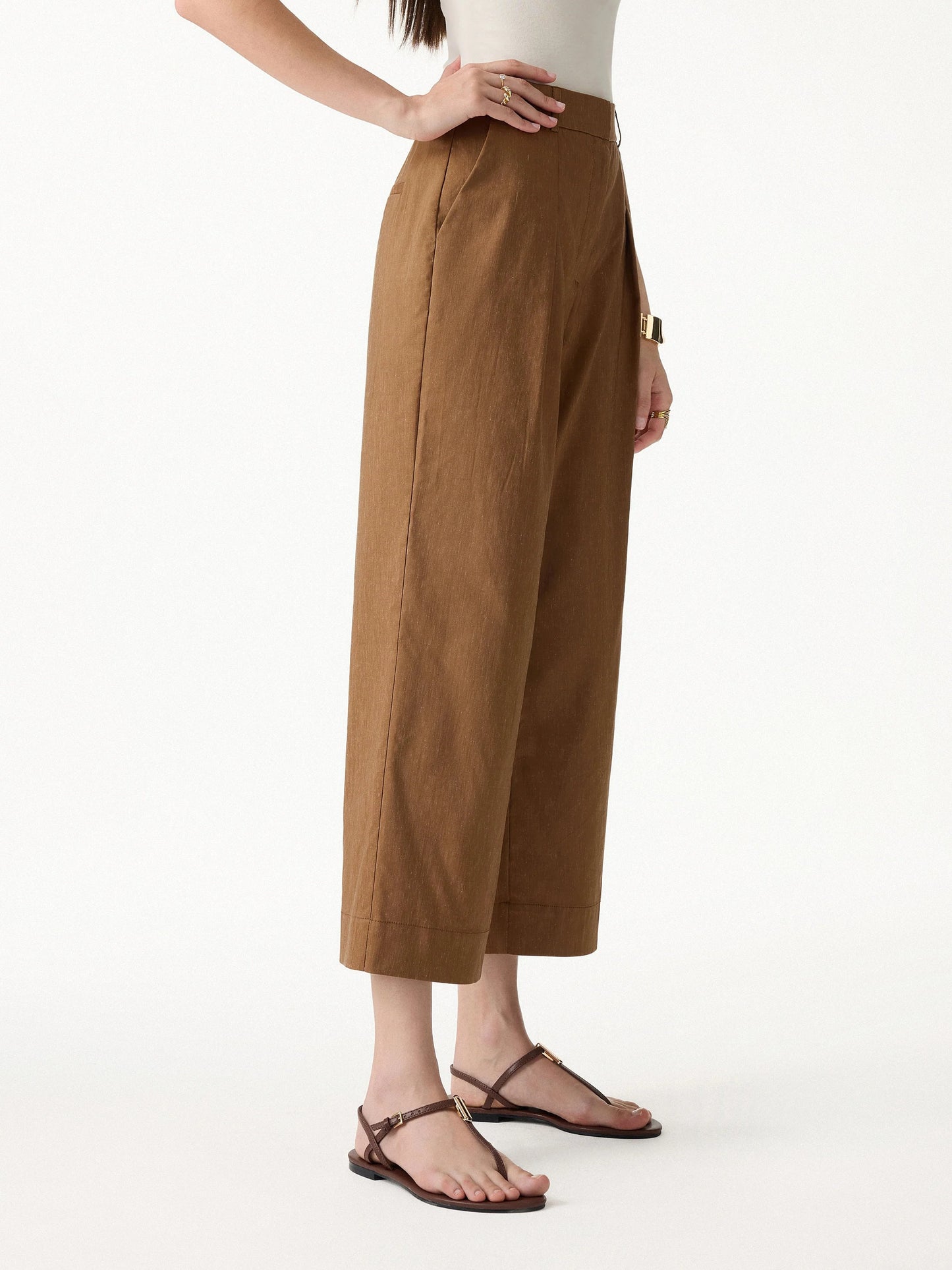 Cropped Wide Leg Pants in Wrinkle Resistant Linen Lyocell Blend Fabric