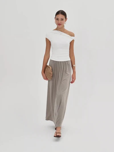 Gathered A Line Maxi Skirt with Pockets in Linen Tencel Knit Fabric