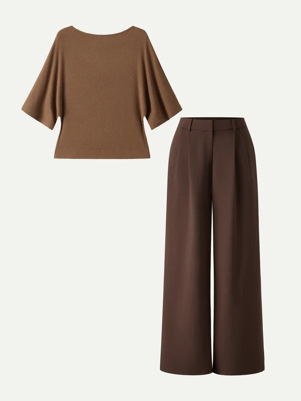 Boatneck Top and Wide Leg Pant Set in Rib and Ponte Knit Fabric