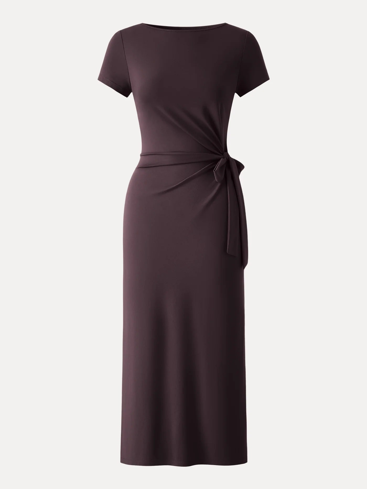 Side Waist Tie Midi Dress with Slit in Stretch Viscose Blend Fabric