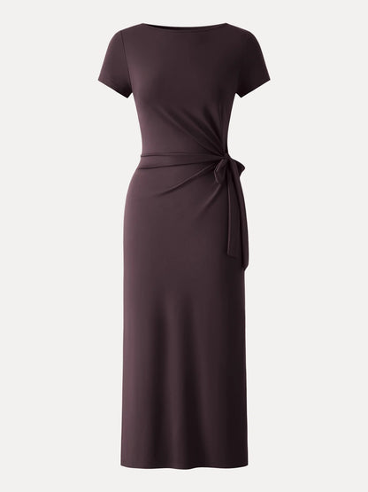 Side Waist Tie Midi Dress with Slit in Stretch Viscose Blend Fabric