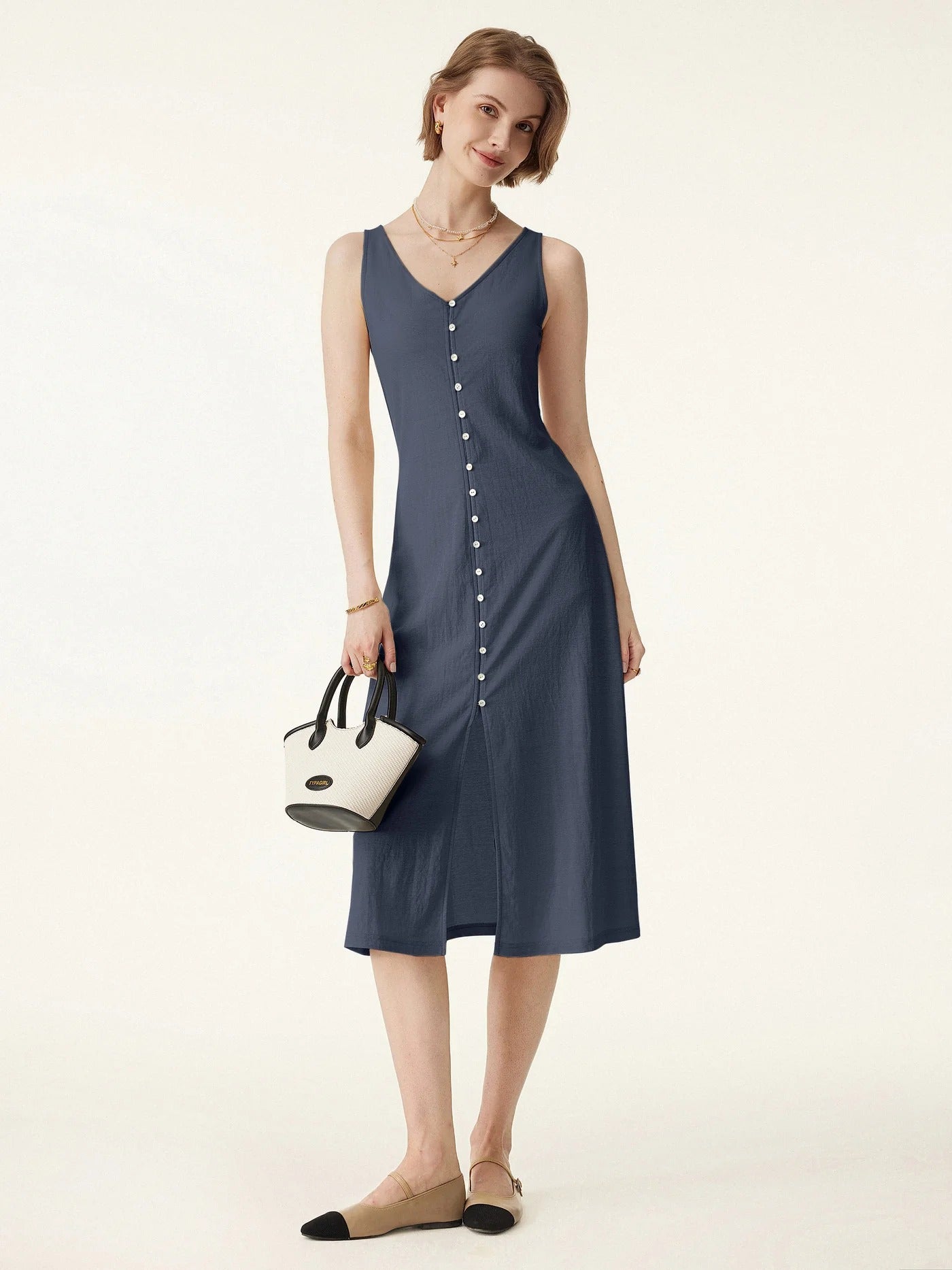 Multi Wear V Neck Button Front Midi Vest Dress in Cotton Linen Blend Fabric