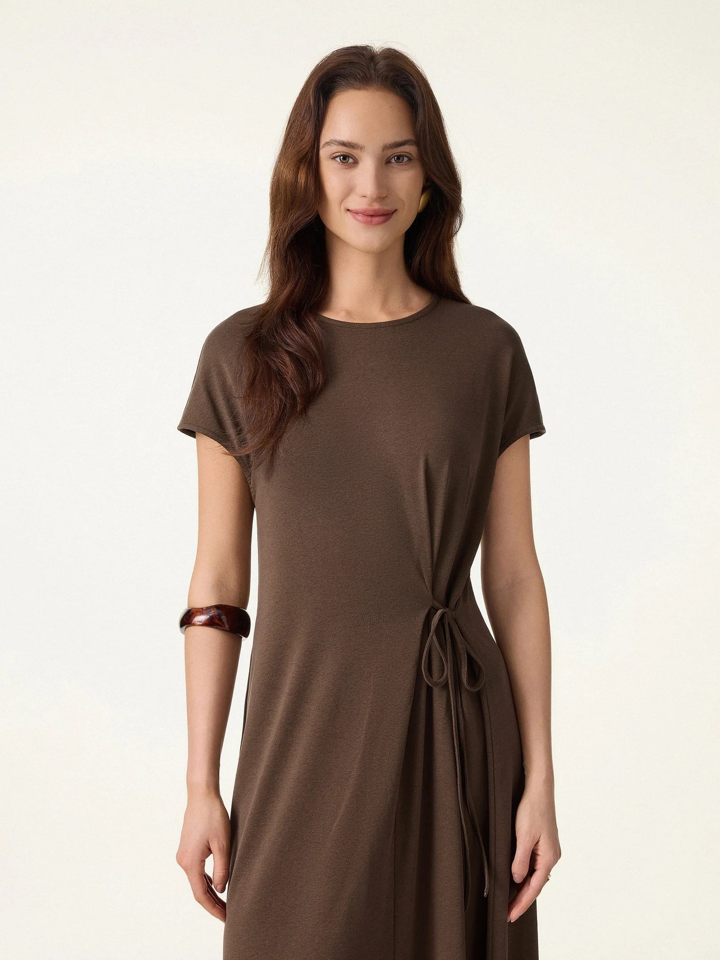 Cotton Lyocell Self Tie Midi Dress with Stretch Knit Fabric