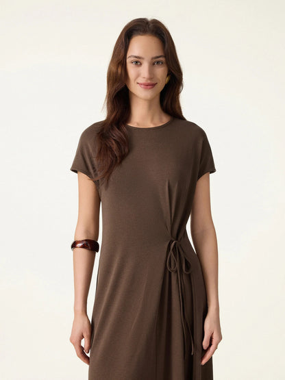 Cotton Lyocell Self Tie Midi Dress with Stretch Knit Fabric
