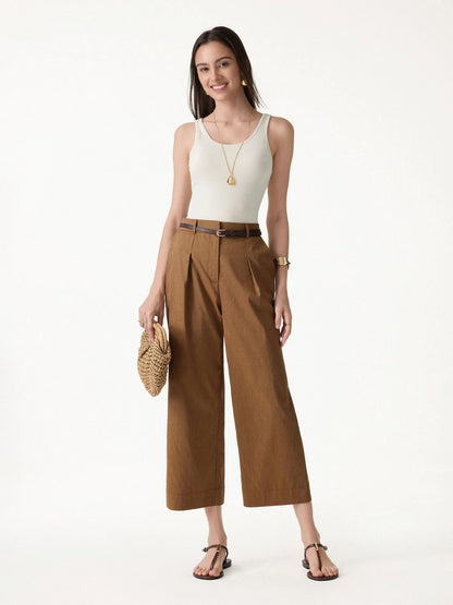 Cropped Wide Leg Pants in Wrinkle Resistant Linen Lyocell Blend Fabric