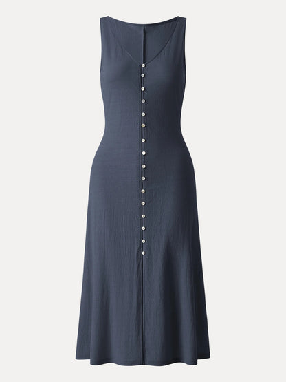 Multi Wear V Neck Button Front Midi Vest Dress in Cotton Linen Blend Fabric