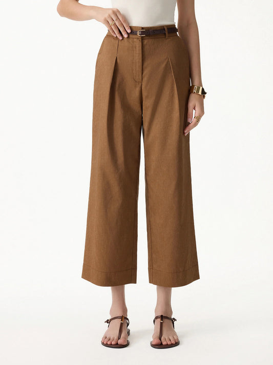 Cropped Wide Leg Pants in Wrinkle Resistant Linen Lyocell Blend Fabric