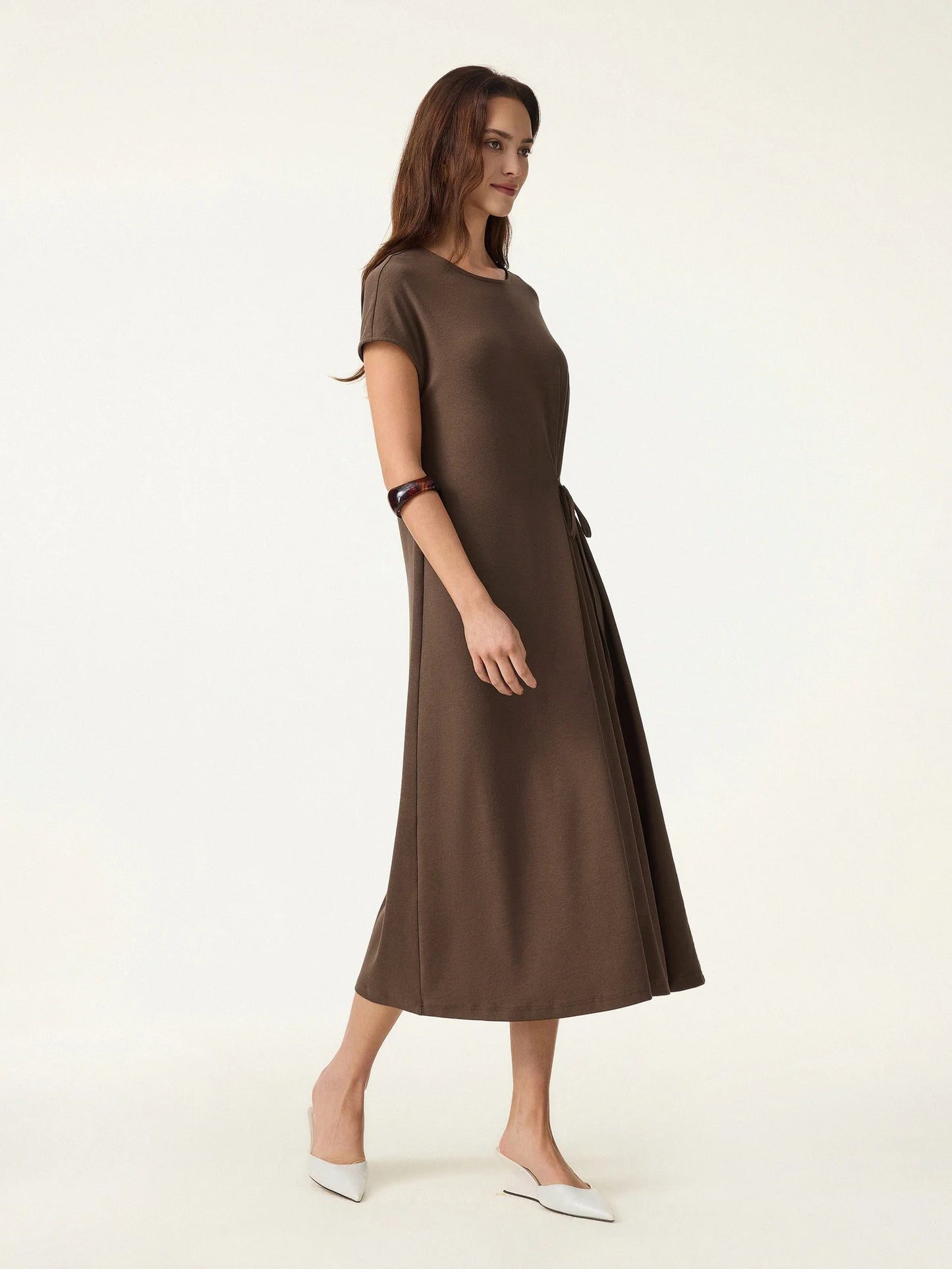 Cotton Lyocell Self Tie Midi Dress with Stretch Knit Fabric