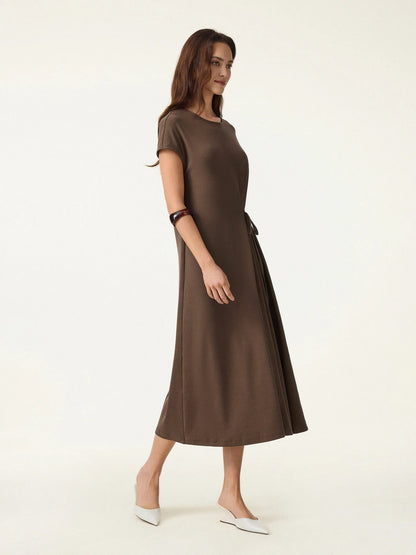Cotton Lyocell Self Tie Midi Dress with Stretch Knit Fabric