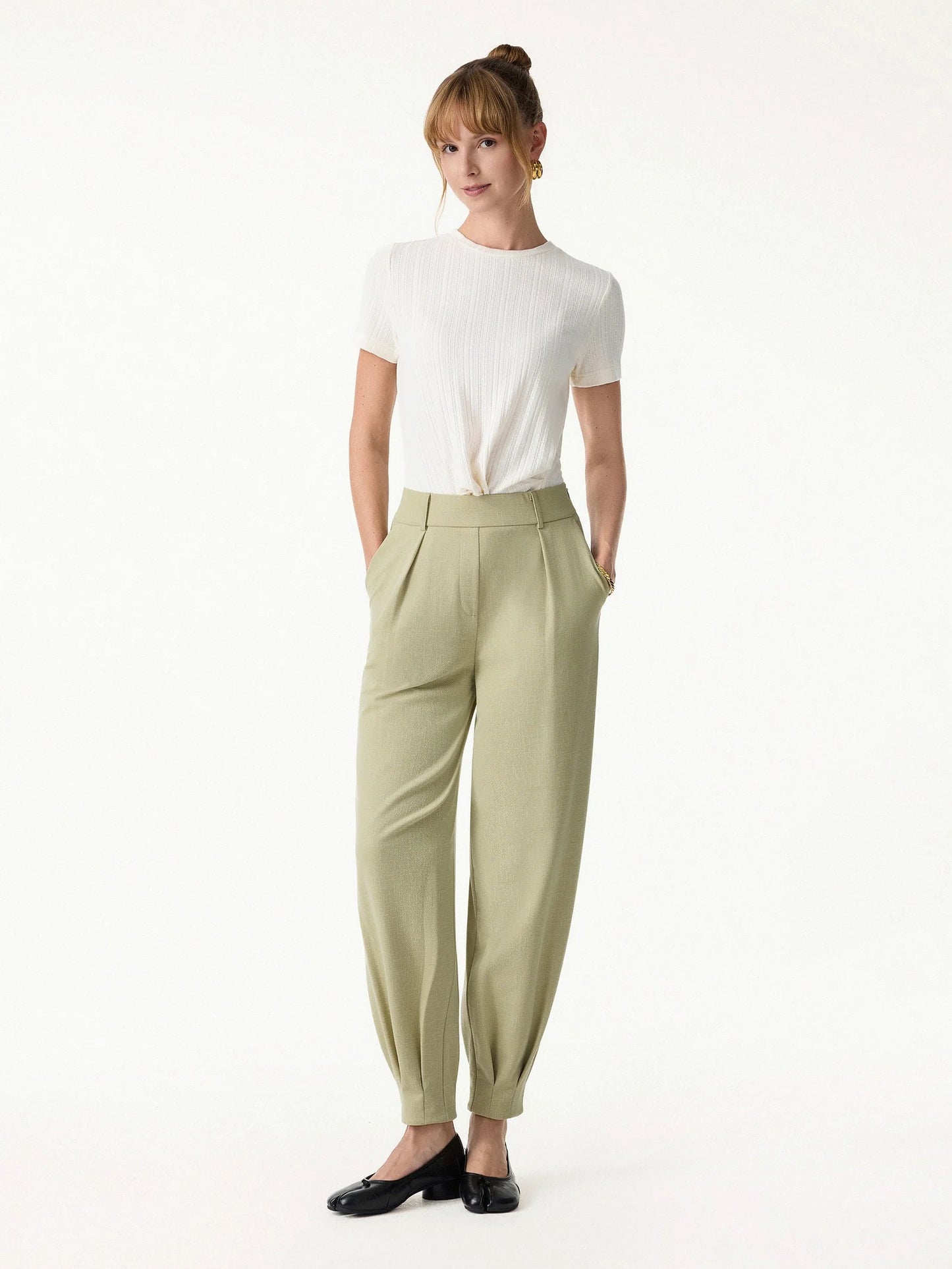 Tapered Pants in Stretch Linen Look Twill Fabric