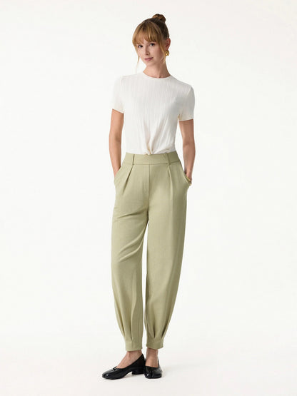Tapered Pants in Stretch Linen Look Twill Fabric