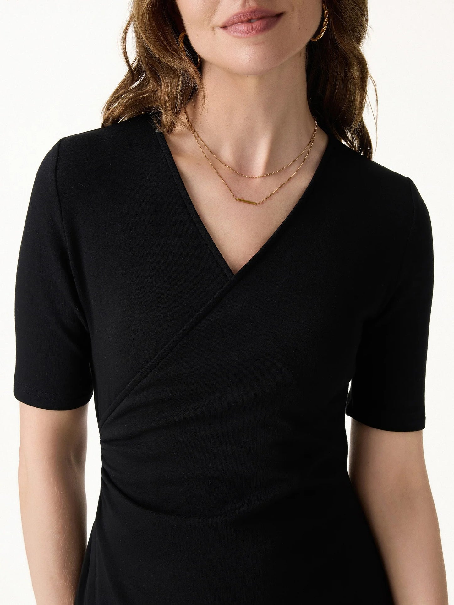 Surplice Ruched Fit and Flare Mini Dress in Cotton Lyocell Knit Fabric