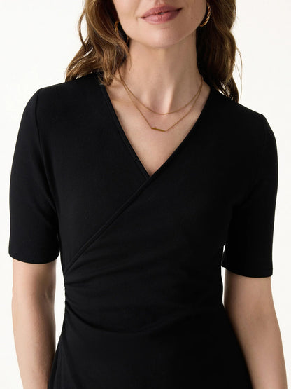 Surplice Ruched Fit and Flare Mini Dress in Cotton Lyocell Knit Fabric